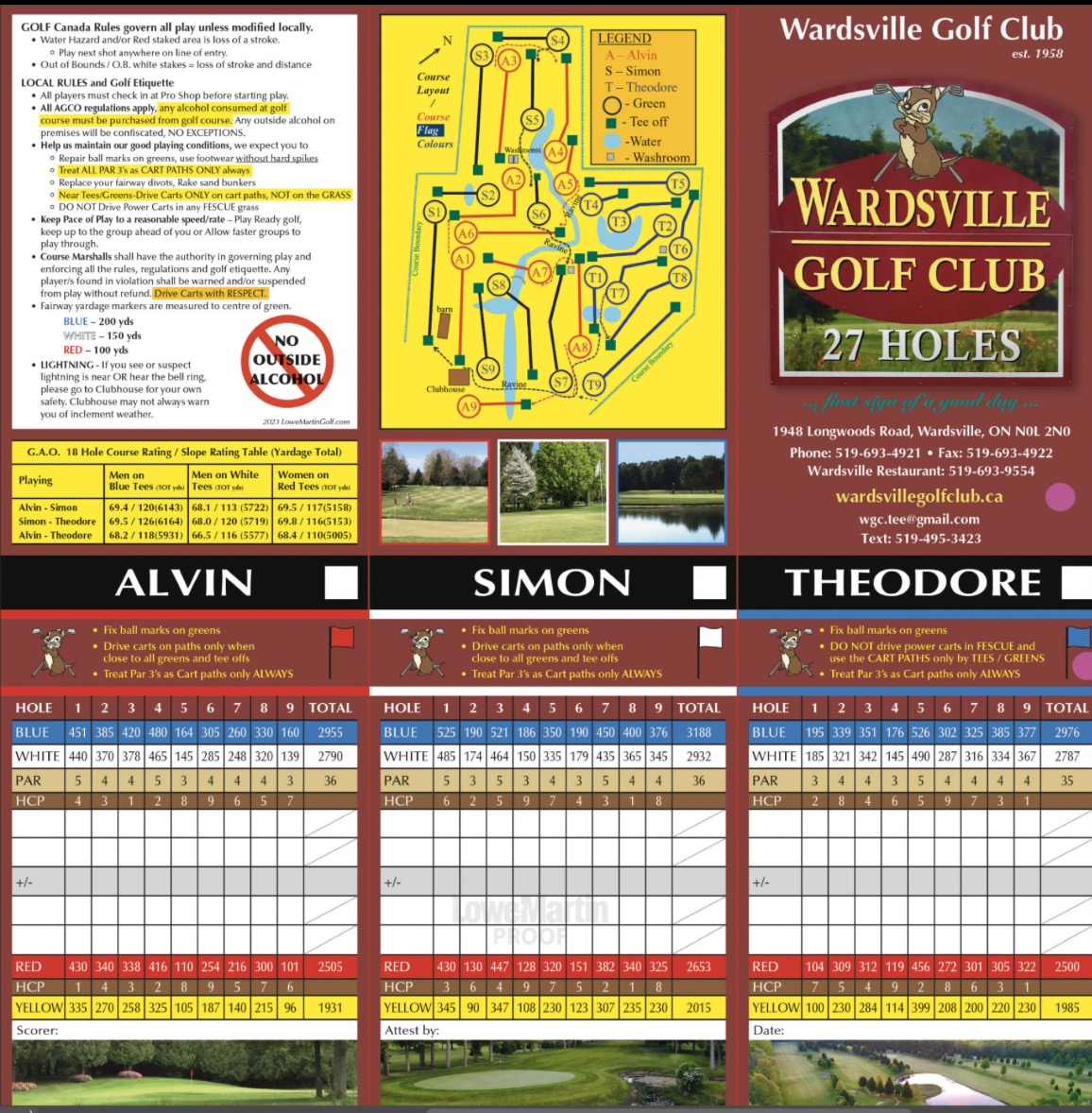 Wardsville Golf Club scorecard showing yardages and pars for all 27 holes